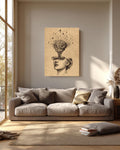 Stars Pouring from Head into Brain Cup, Vintage Ink Illustration, Hand-Drawn Wall Art, Framed Poster or Roll Print