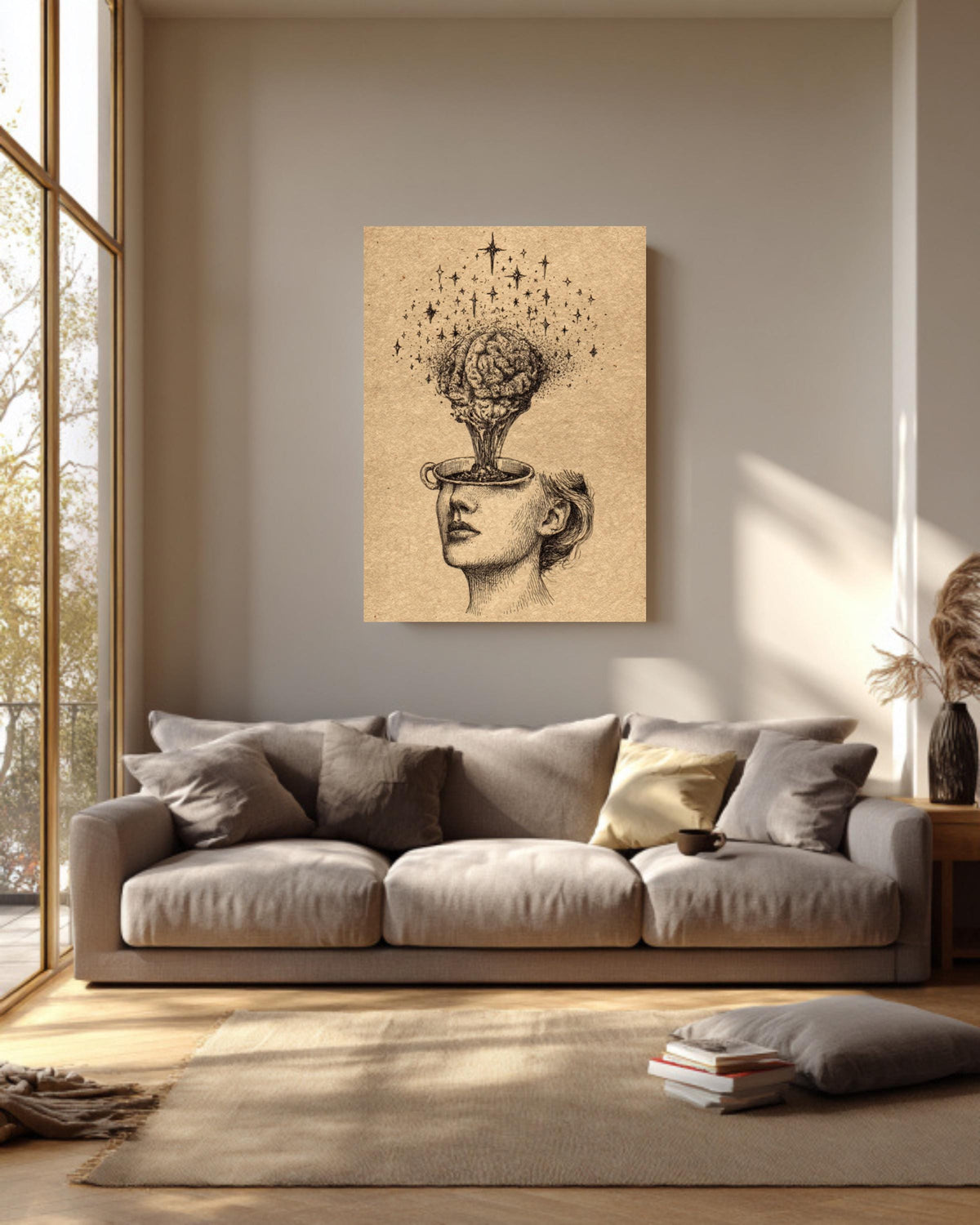 Stars Pouring from Head into Brain Cup, Vintage Ink Illustration, Hand-Drawn Wall Art, Framed Poster or Roll Print