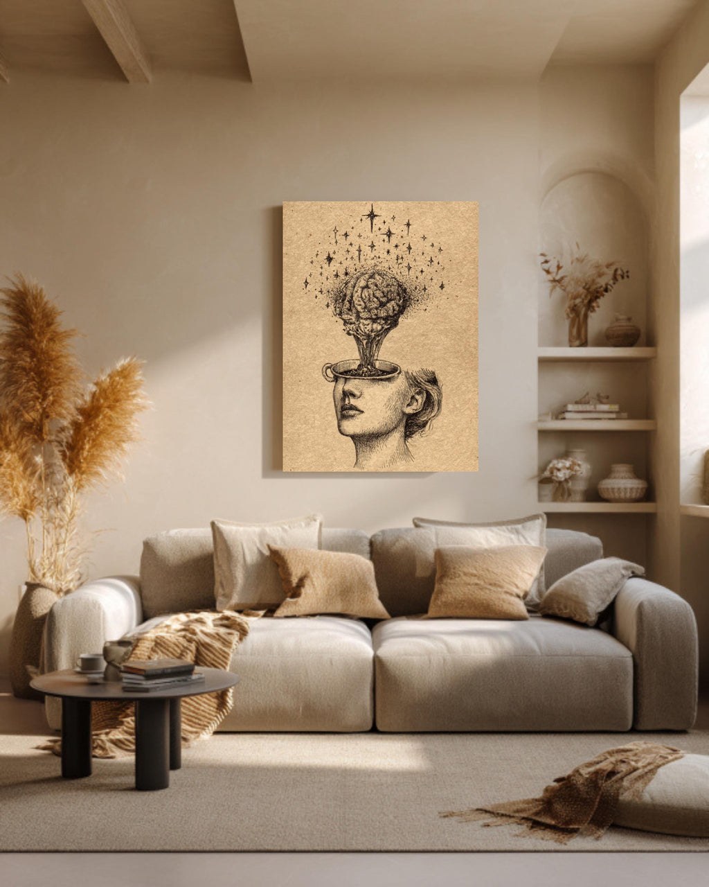 Stars Pouring from Head into Brain Cup, Vintage Ink Illustration, Hand-Drawn Wall Art, Framed Poster or Roll Print