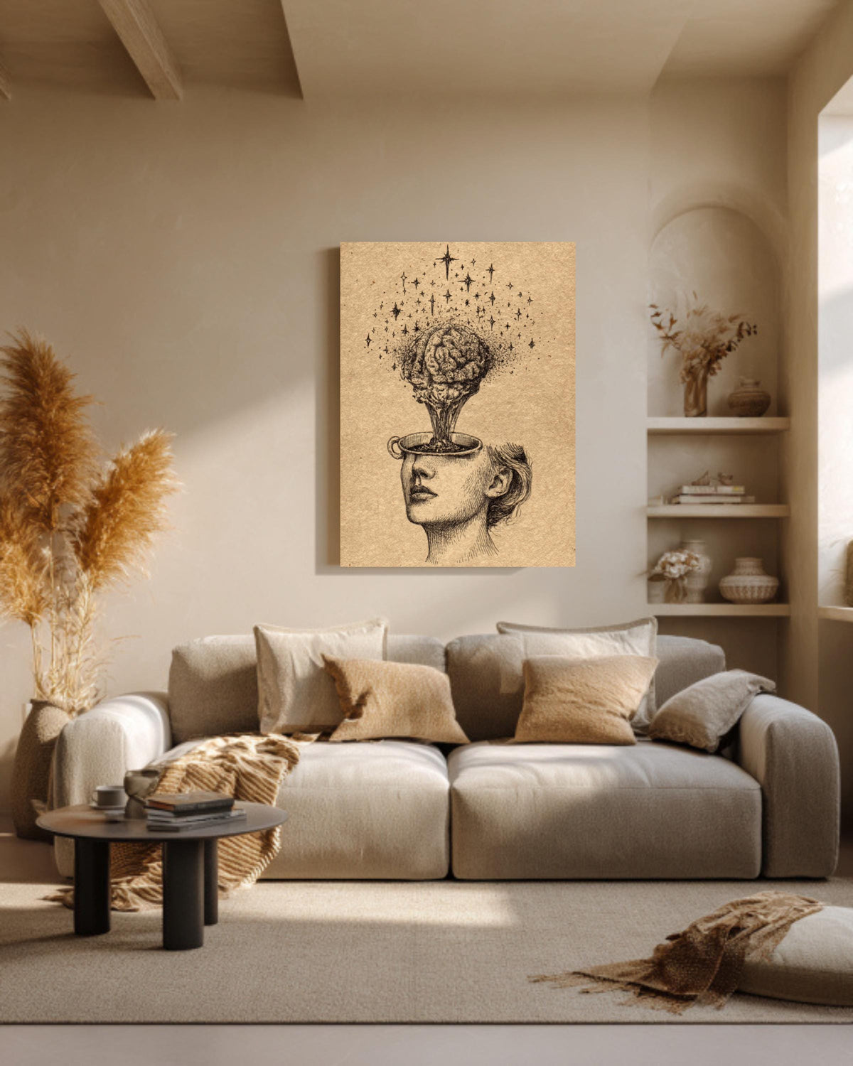 Stars Pouring from Head into Brain Cup, Vintage Ink Illustration, Hand-Drawn Wall Art, Framed Poster or Roll Print