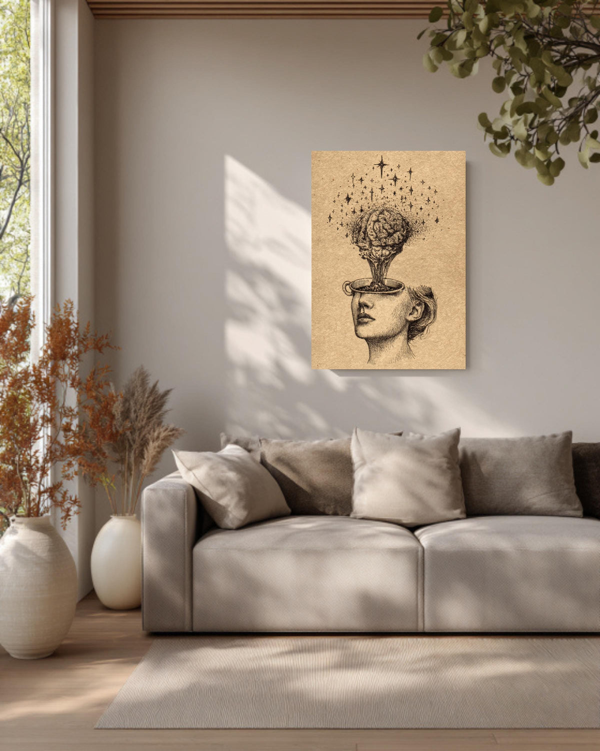 Stars Pouring from Head into Brain Cup, Vintage Ink Illustration, Hand-Drawn Wall Art, Framed Poster or Roll Print