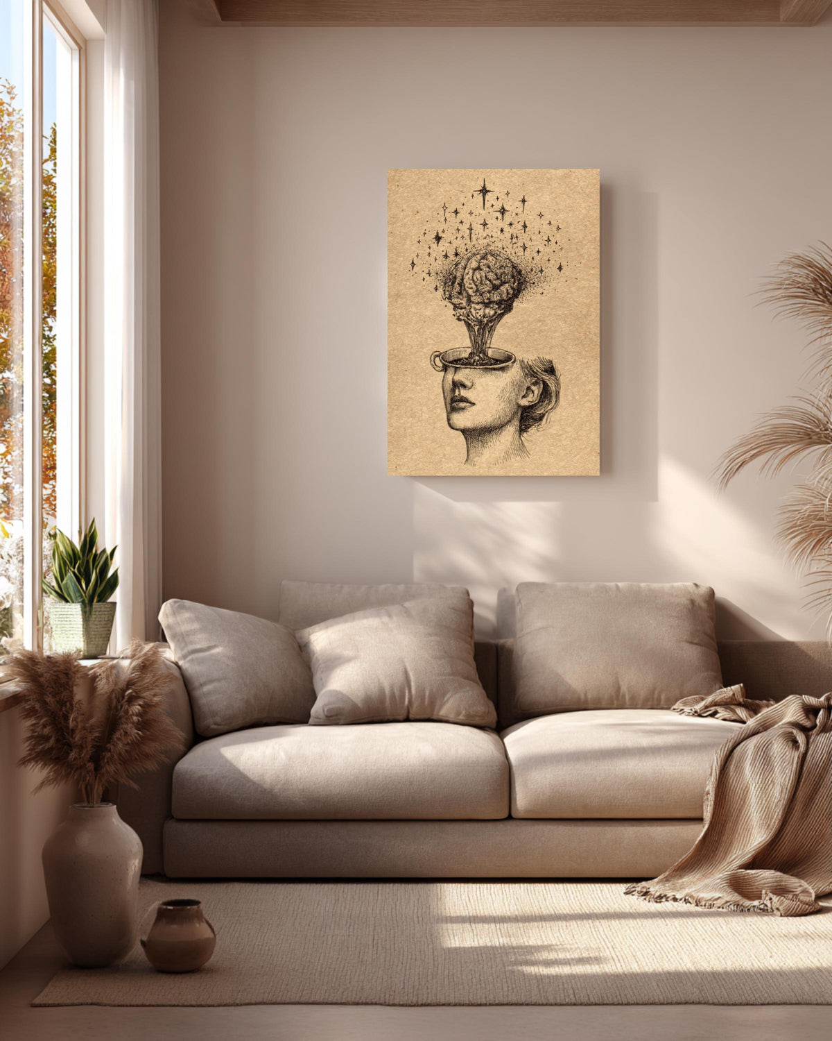 Stars Pouring from Head into Brain Cup, Vintage Ink Illustration, Hand-Drawn Wall Art, Framed Poster or Roll Print