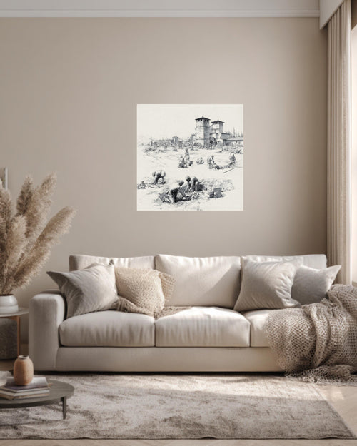 Ancient Roman Workers Sketch, Pencil Drawing of Labor and Architecture, Historical Wall Art, Framed Poster or Roll Print