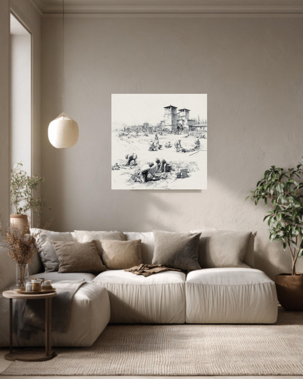 Ancient Roman Workers Sketch, Pencil Drawing of Labor and Architecture, Historical Wall Art, Framed Poster or Roll Print