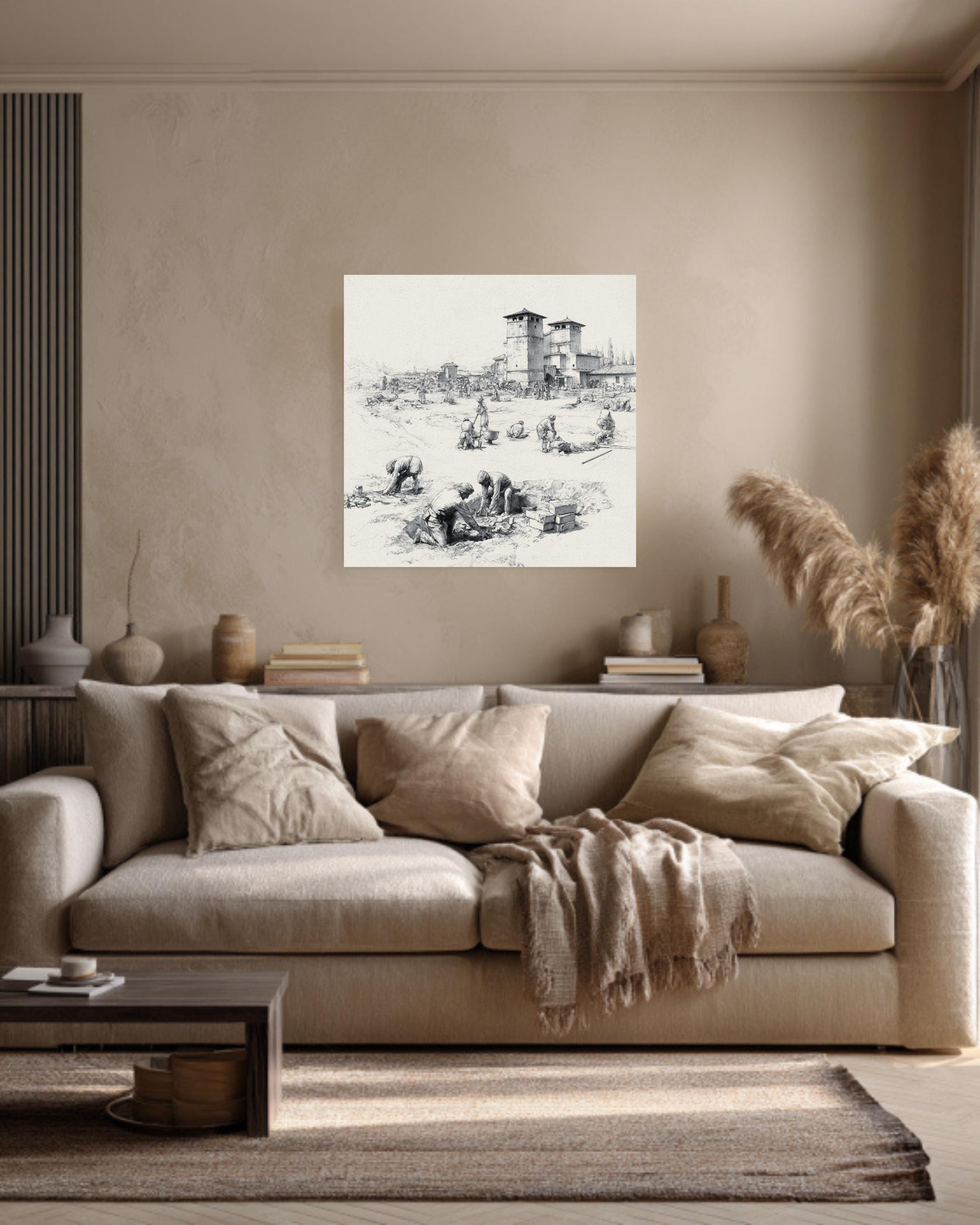 Ancient Roman Workers Sketch, Pencil Drawing of Labor and Architecture, Historical Wall Art, Framed Poster or Roll Print