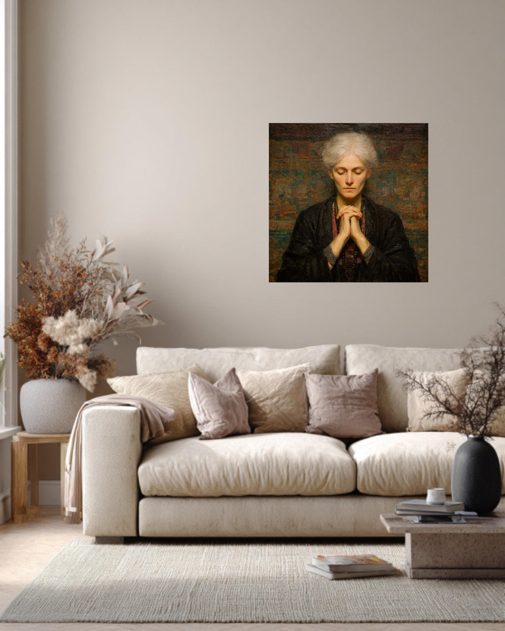 Meditating Woman in Tibetan Dress, Oil Painting with Beads and Folded Hands, Spiritual Wall Art, Framed Poster or Roll Print