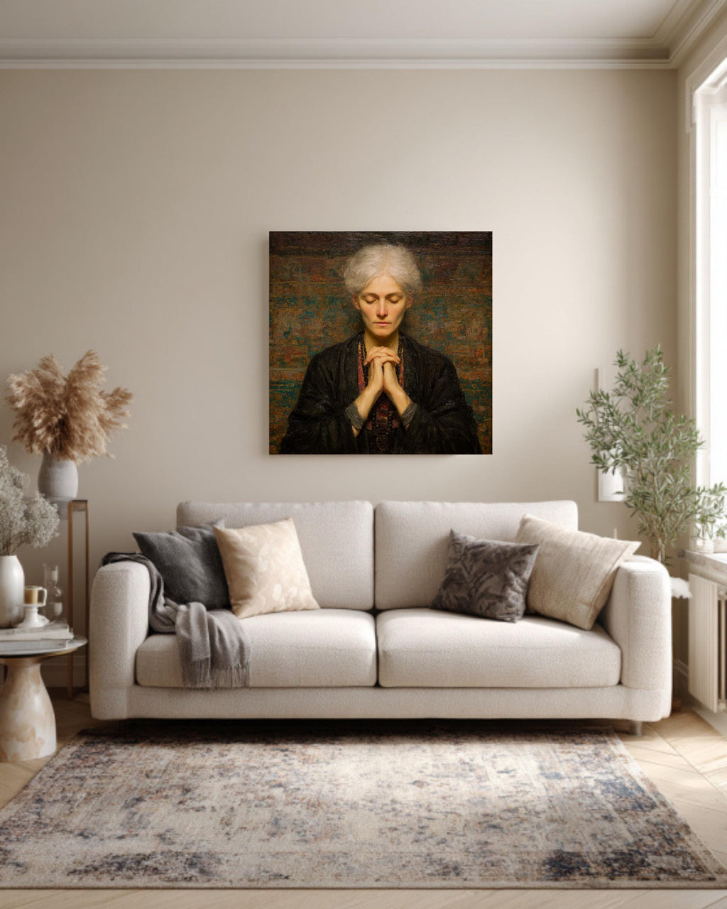 Meditating Woman in Tibetan Dress, Oil Painting with Beads and Folded Hands, Spiritual Wall Art, Framed Poster or Roll Print