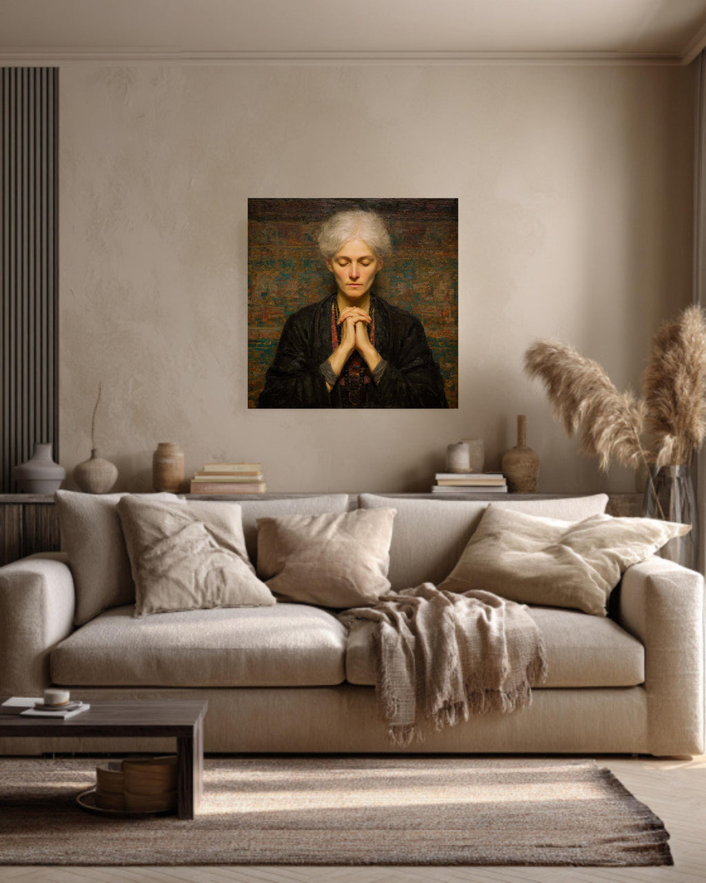 Meditating Woman in Tibetan Dress, Oil Painting with Beads and Folded Hands, Spiritual Wall Art, Framed Poster or Roll Print