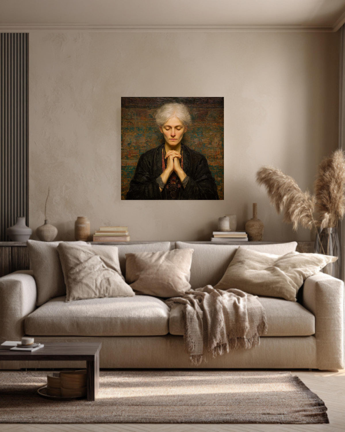 Meditating Woman in Tibetan Dress, Oil Painting with Beads and Folded Hands, Spiritual Wall Art, Framed Poster or Roll Print