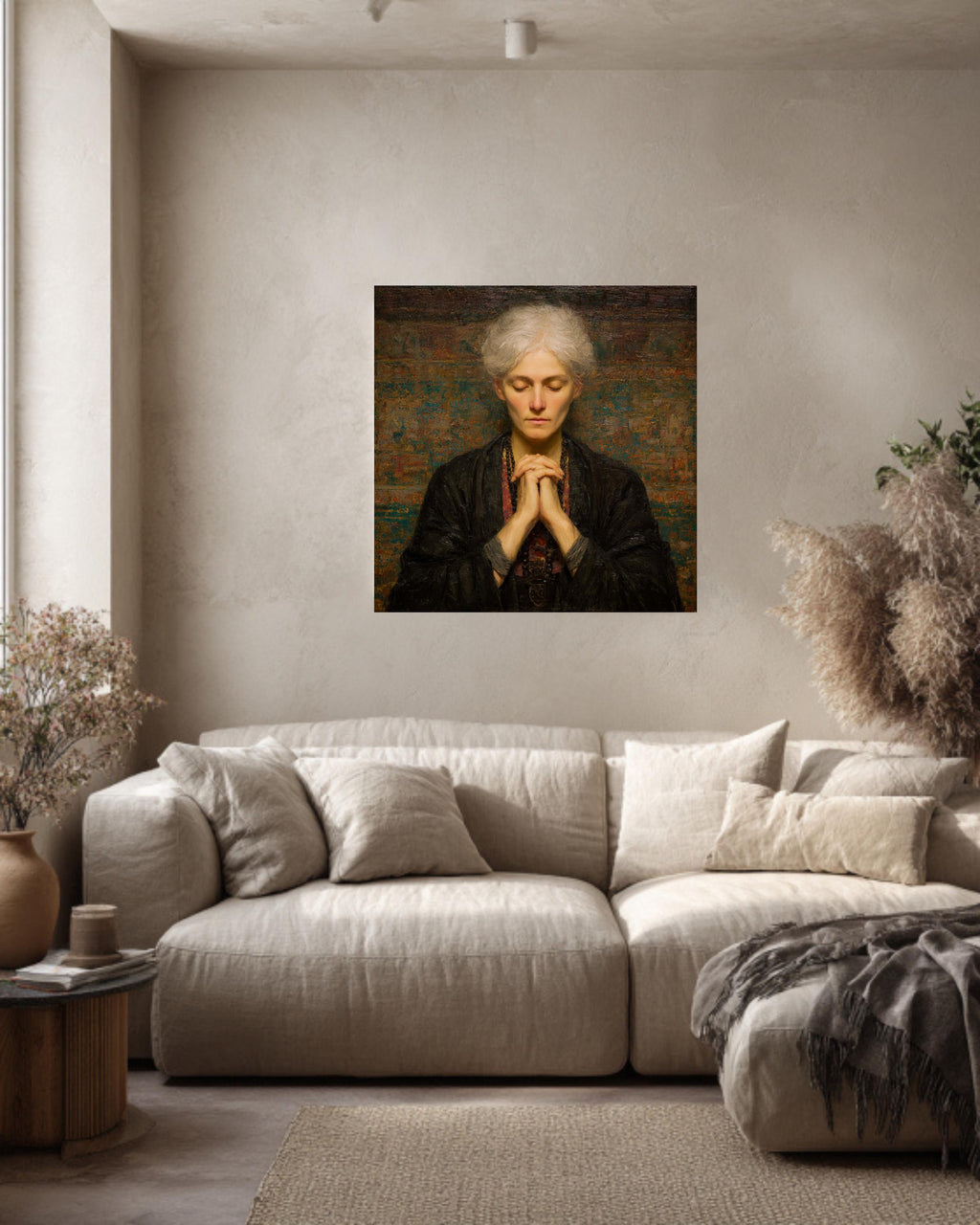 Meditating Woman in Tibetan Dress, Oil Painting with Beads and Folded Hands, Spiritual Wall Art, Framed Poster or Roll Print