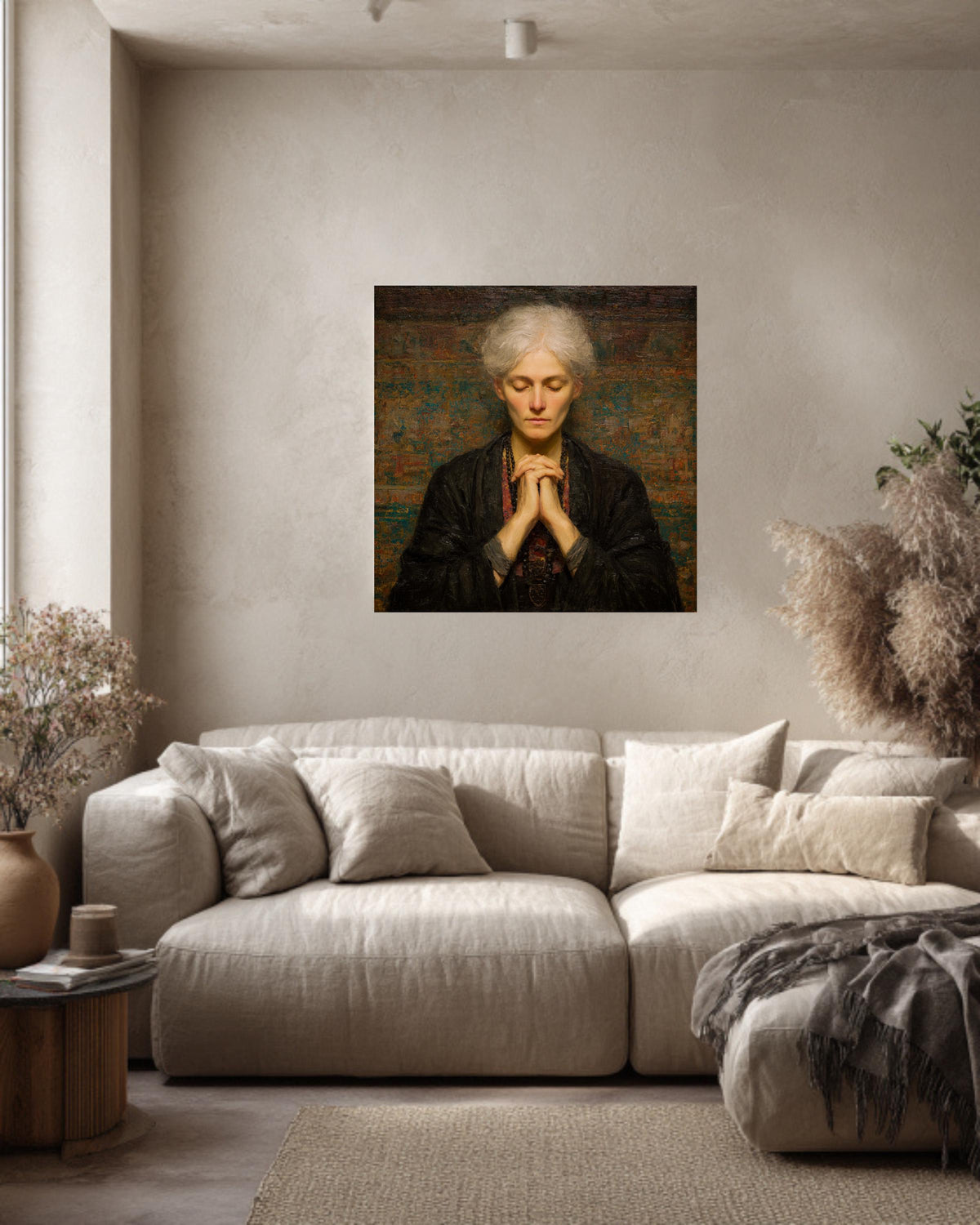 Meditating Woman in Tibetan Dress, Oil Painting with Beads and Folded Hands, Spiritual Wall Art, Framed Poster or Roll Print