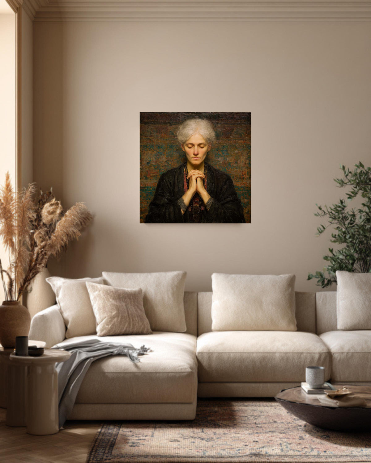 Meditating Woman in Tibetan Dress, Oil Painting with Beads and Folded Hands, Spiritual Wall Art, Framed Poster or Roll Print