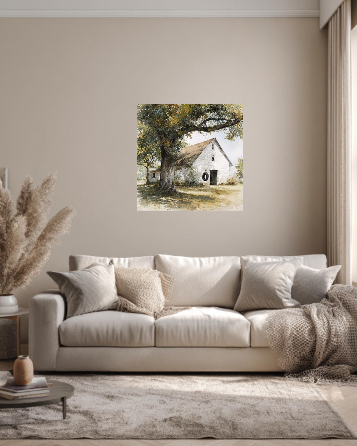 Old White Barn with Oak Tree and Tire Swing, Rustic Watercolor Farm Scene, Neutral Wall Art, Framed Poster or Roll Print