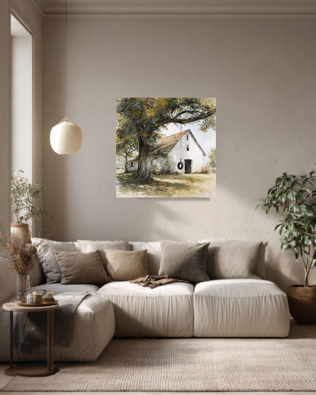 Old White Barn with Oak Tree and Tire Swing, Rustic Watercolor Farm Scene, Neutral Wall Art, Framed Poster or Roll Print