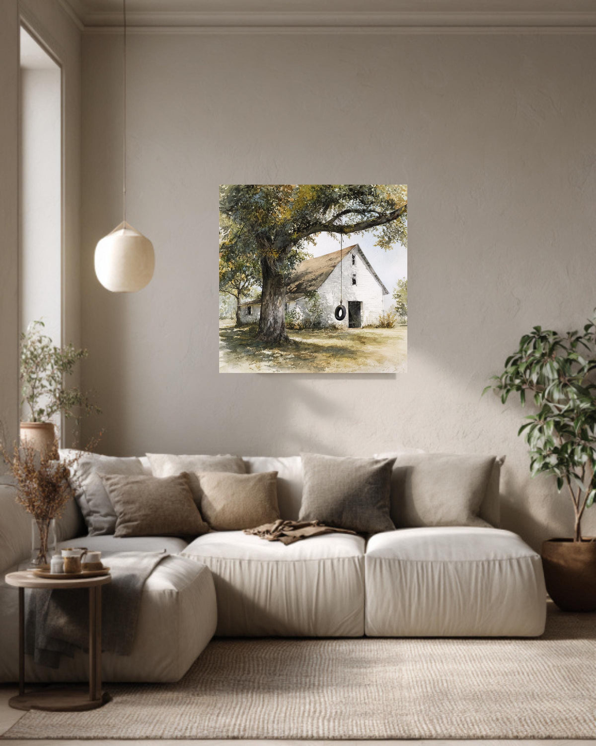 Old White Barn with Oak Tree and Tire Swing, Rustic Watercolor Farm Scene, Neutral Wall Art, Framed Poster or Roll Print