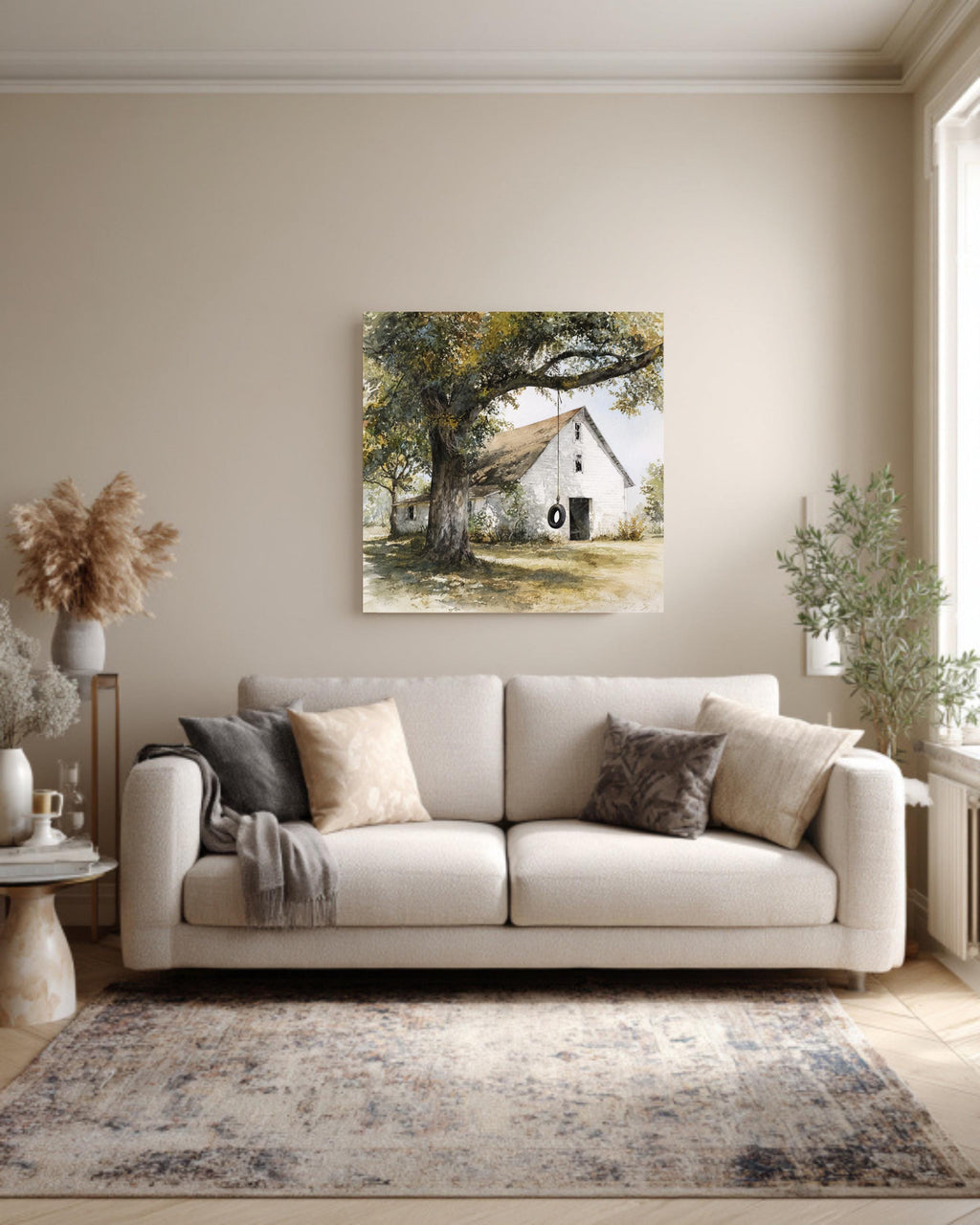 Old White Barn with Oak Tree and Tire Swing, Rustic Watercolor Farm Scene, Neutral Wall Art, Framed Poster or Roll Print