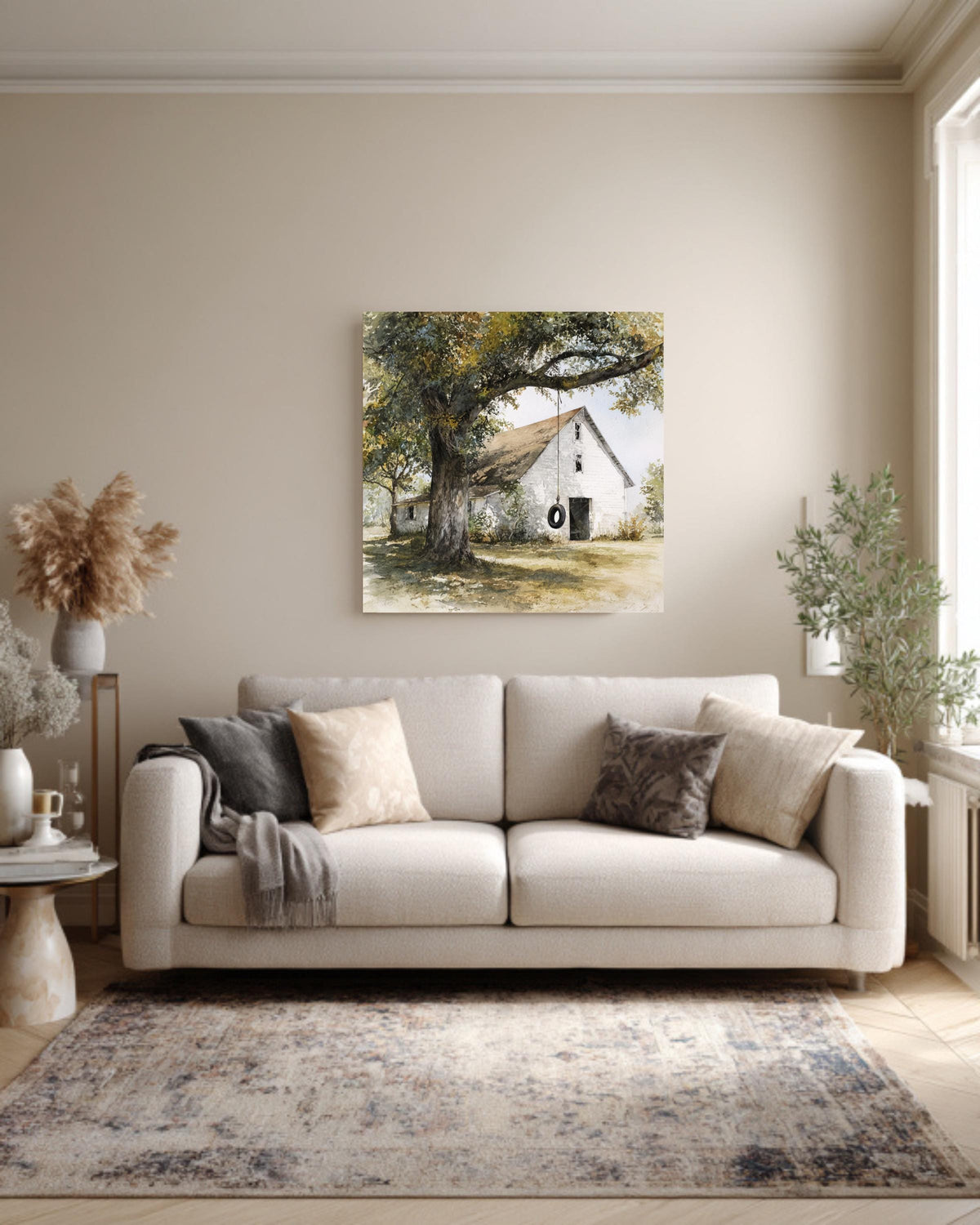 Old White Barn with Oak Tree and Tire Swing, Rustic Watercolor Farm Scene, Neutral Wall Art, Framed Poster or Roll Print