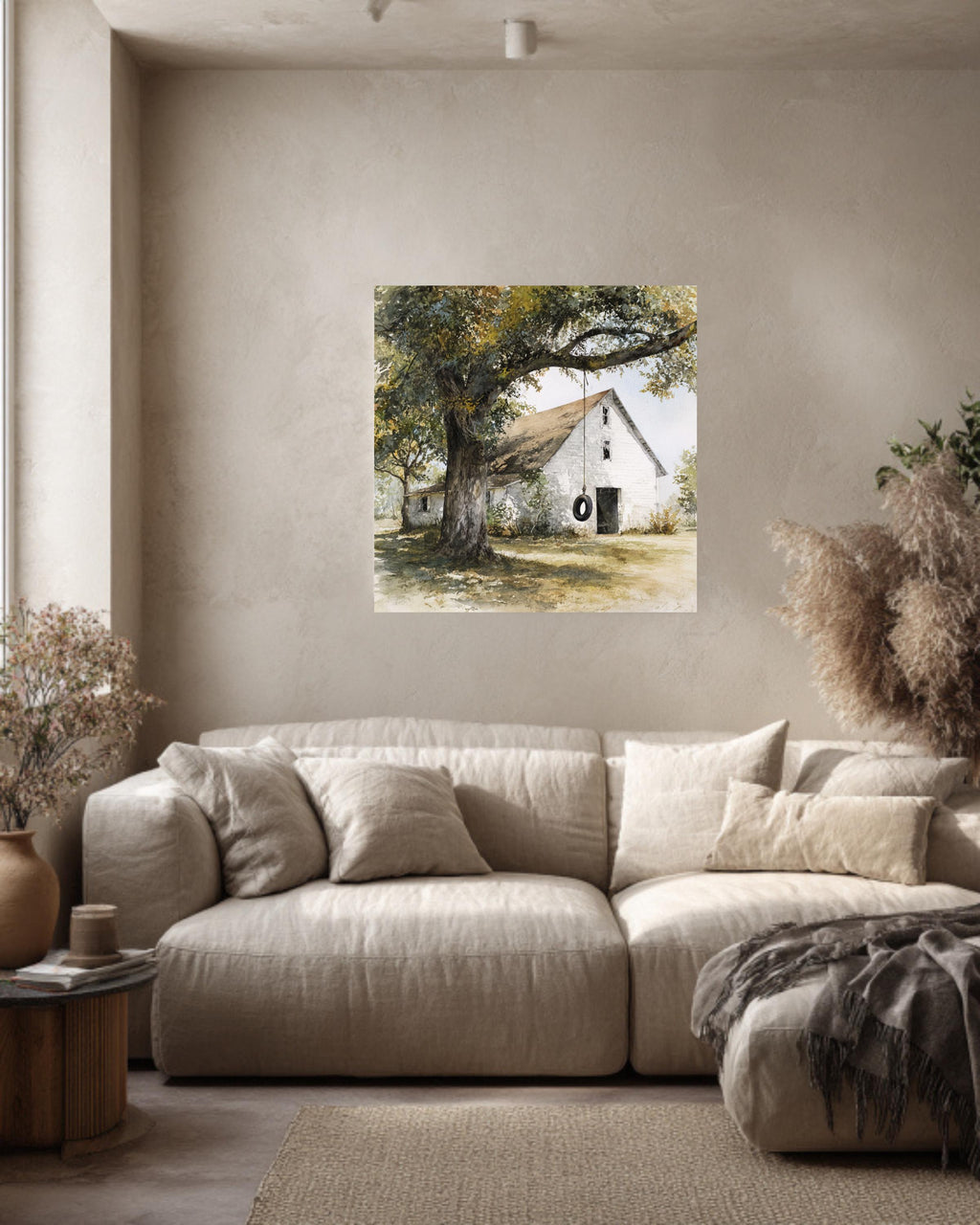 Old White Barn with Oak Tree and Tire Swing, Rustic Watercolor Farm Scene, Neutral Wall Art, Framed Poster or Roll Print
