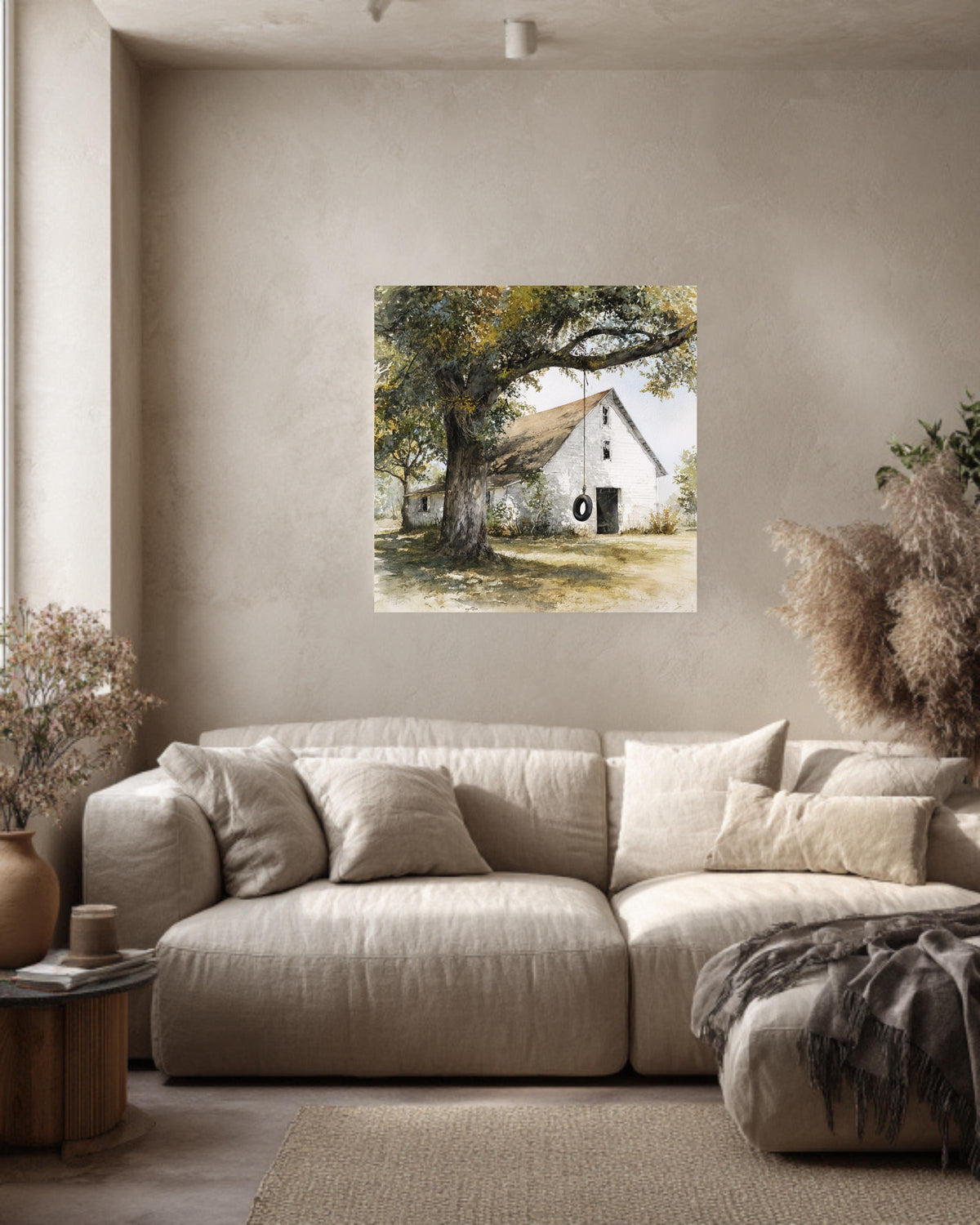 Old White Barn with Oak Tree and Tire Swing, Rustic Watercolor Farm Scene, Neutral Wall Art, Framed Poster or Roll Print