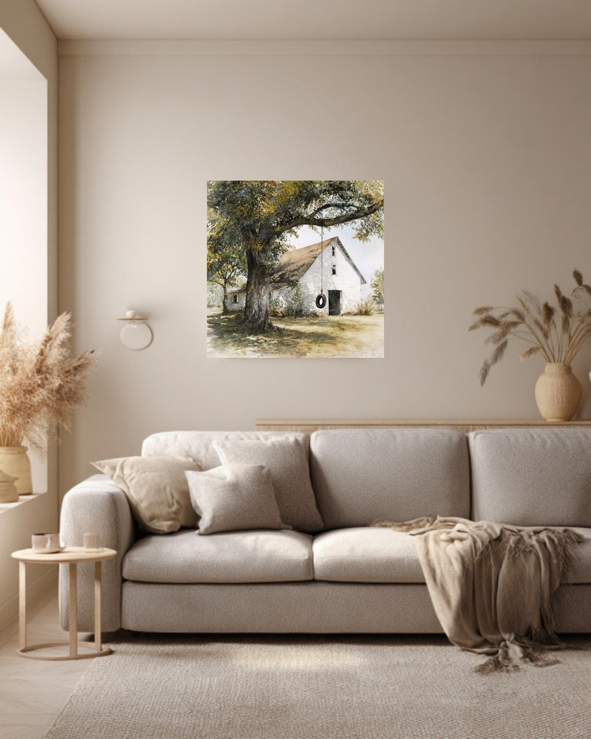 Old White Barn with Oak Tree and Tire Swing, Rustic Watercolor Farm Scene, Neutral Wall Art, Framed Poster or Roll Print