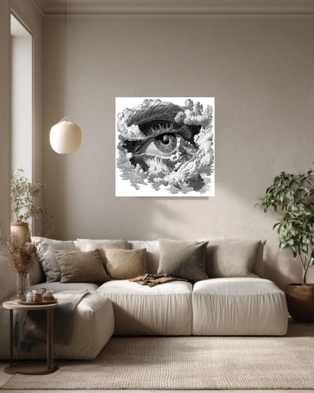 Eye in Clouds Print, Vintage Woodcut Engraving Style, Framed Poster