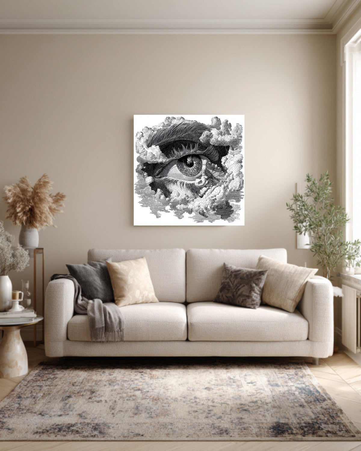 Eye in Clouds Print, Vintage Woodcut Engraving Style, Framed Poster