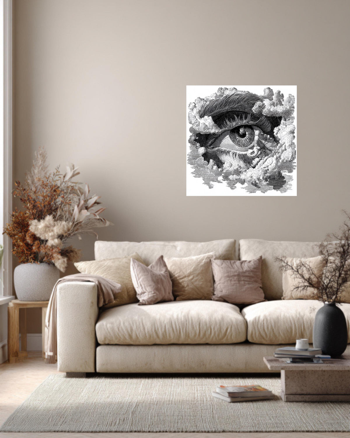 Eye in Clouds Print, Vintage Woodcut Engraving Style, Framed Poster