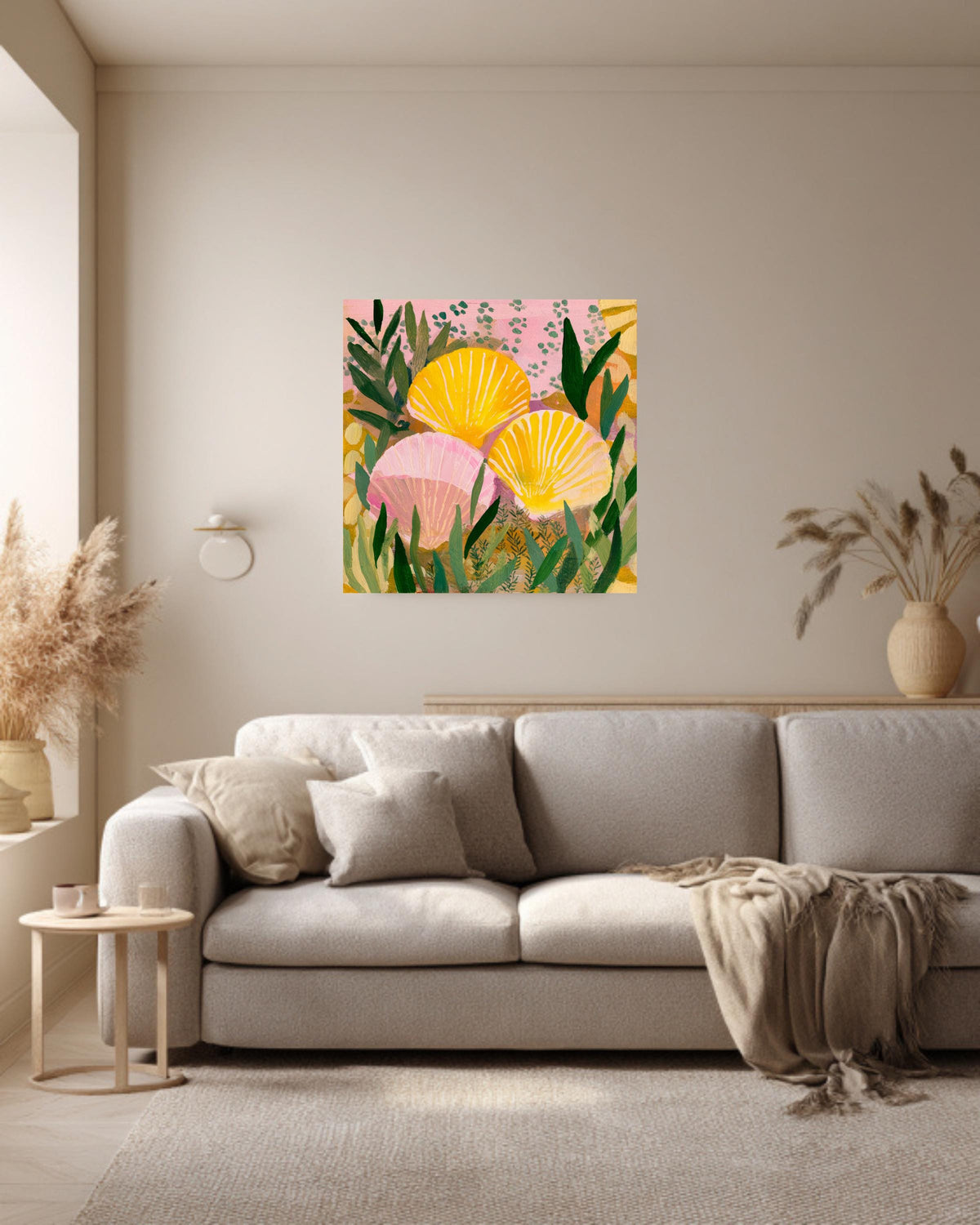 Yellow and Pink Seashell Painting with Green Plant Pattern, Bold Color Wall Art, Flat Style Illustration, Framed Poster