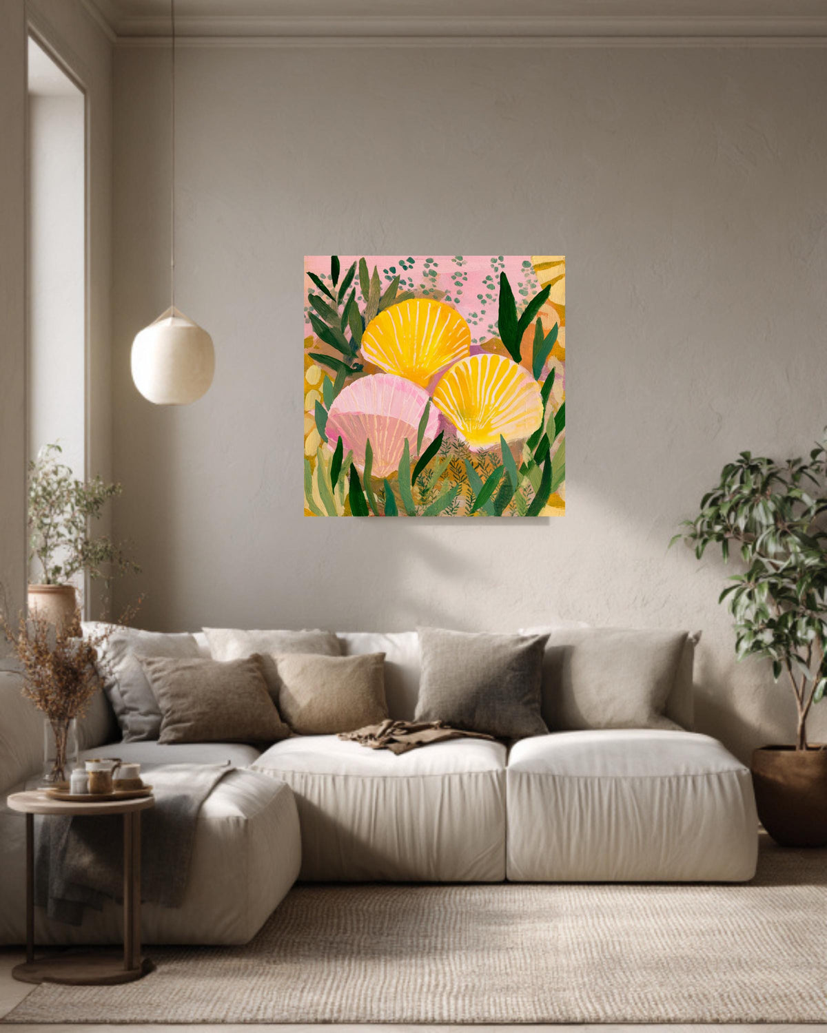 Yellow and Pink Seashell Painting with Green Plant Pattern, Bold Color Wall Art, Flat Style Illustration, Framed Poster