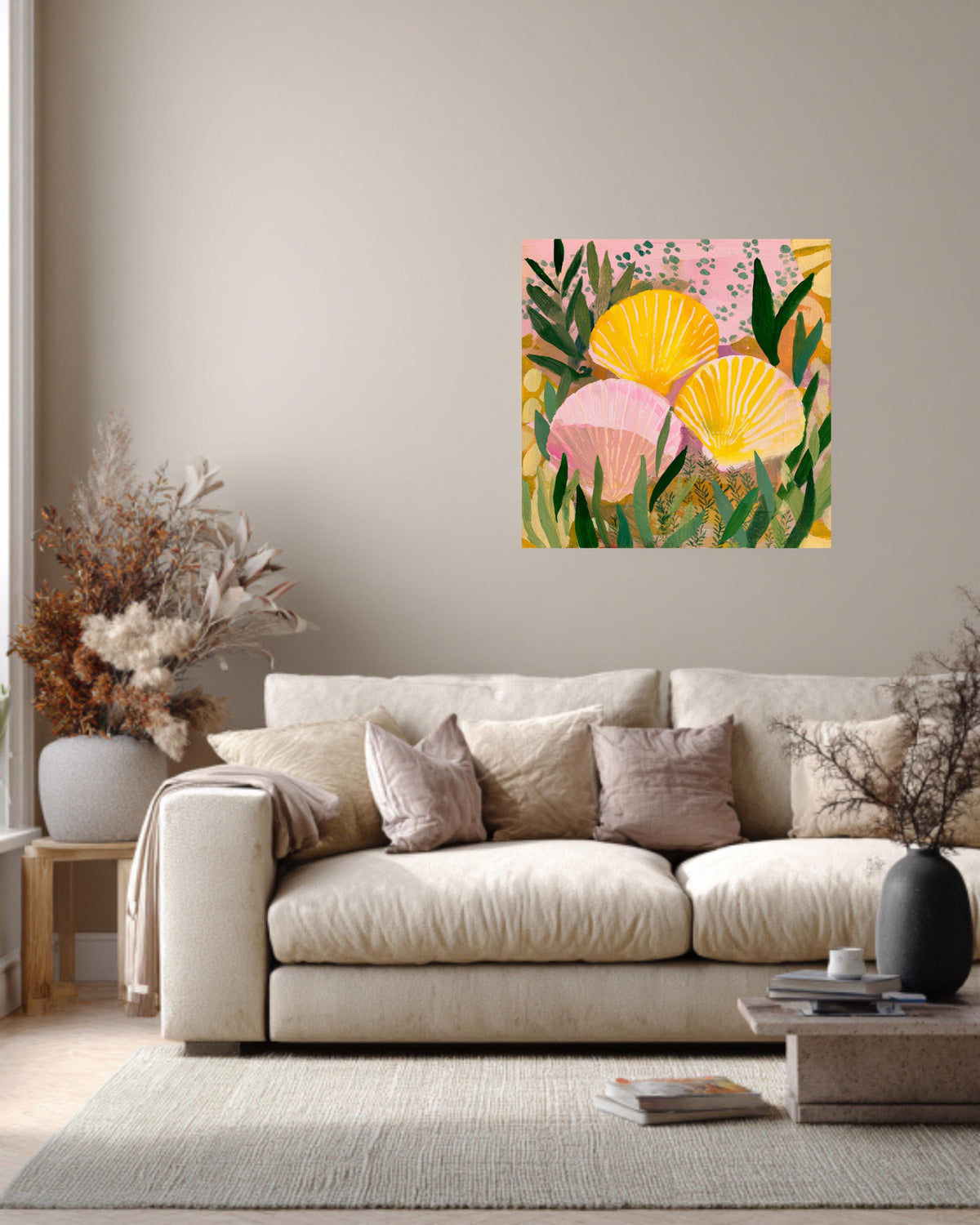 Yellow and Pink Seashell Painting with Green Plant Pattern, Bold Color Wall Art, Flat Style Illustration, Framed Poster