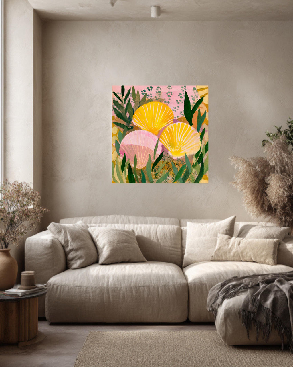 Yellow and Pink Seashell Painting with Green Plant Pattern, Bold Color Wall Art, Flat Style Illustration, Framed Poster