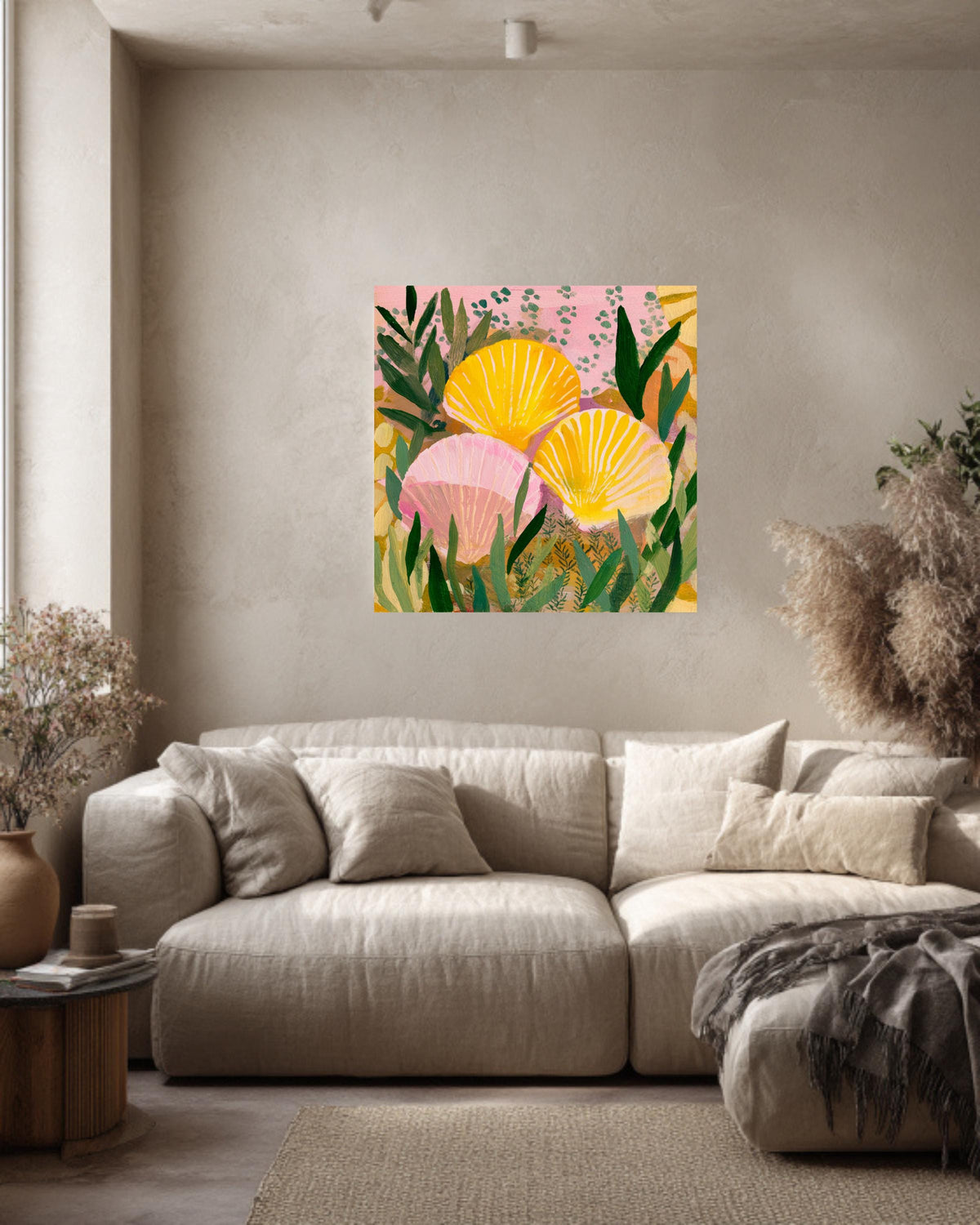 Yellow and Pink Seashell Painting with Green Plant Pattern, Bold Color Wall Art, Flat Style Illustration, Framed Poster