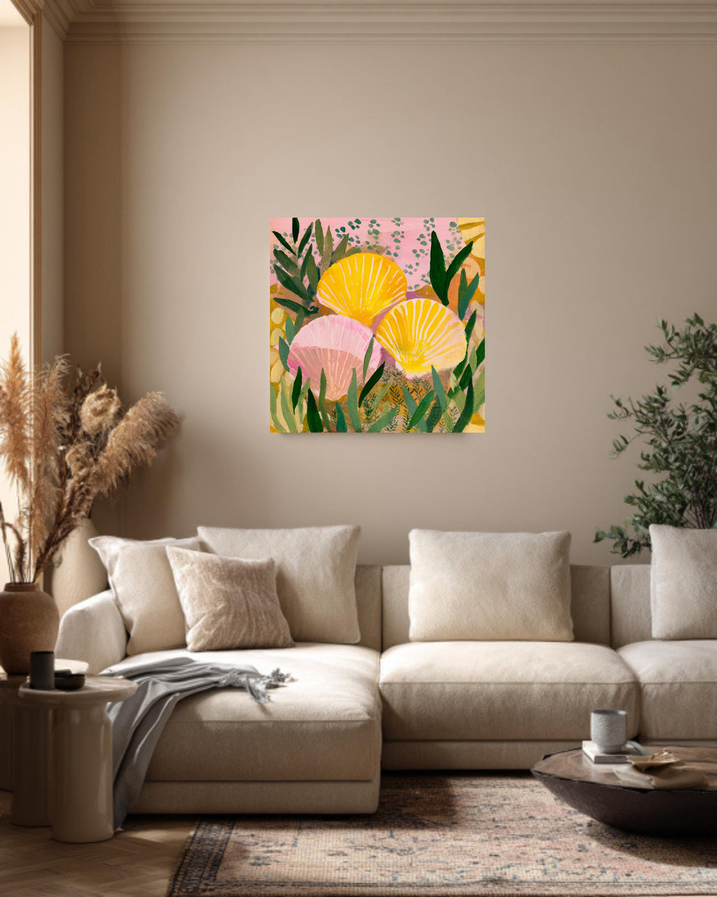Yellow and Pink Seashell Painting with Green Plant Pattern, Bold Color Wall Art, Flat Style Illustration, Framed Poster
