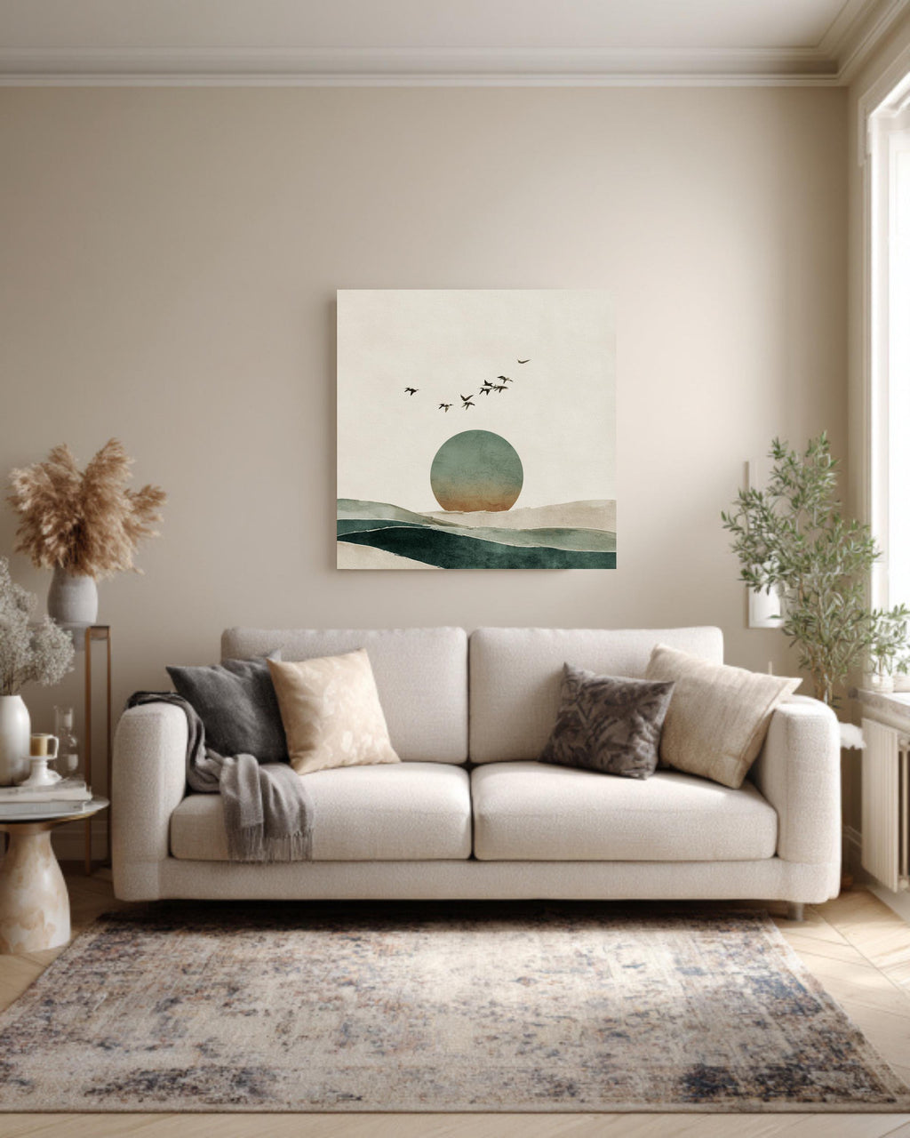 Japandi Horizon Art Print, Birds and Circle, Beige Green Watercolor