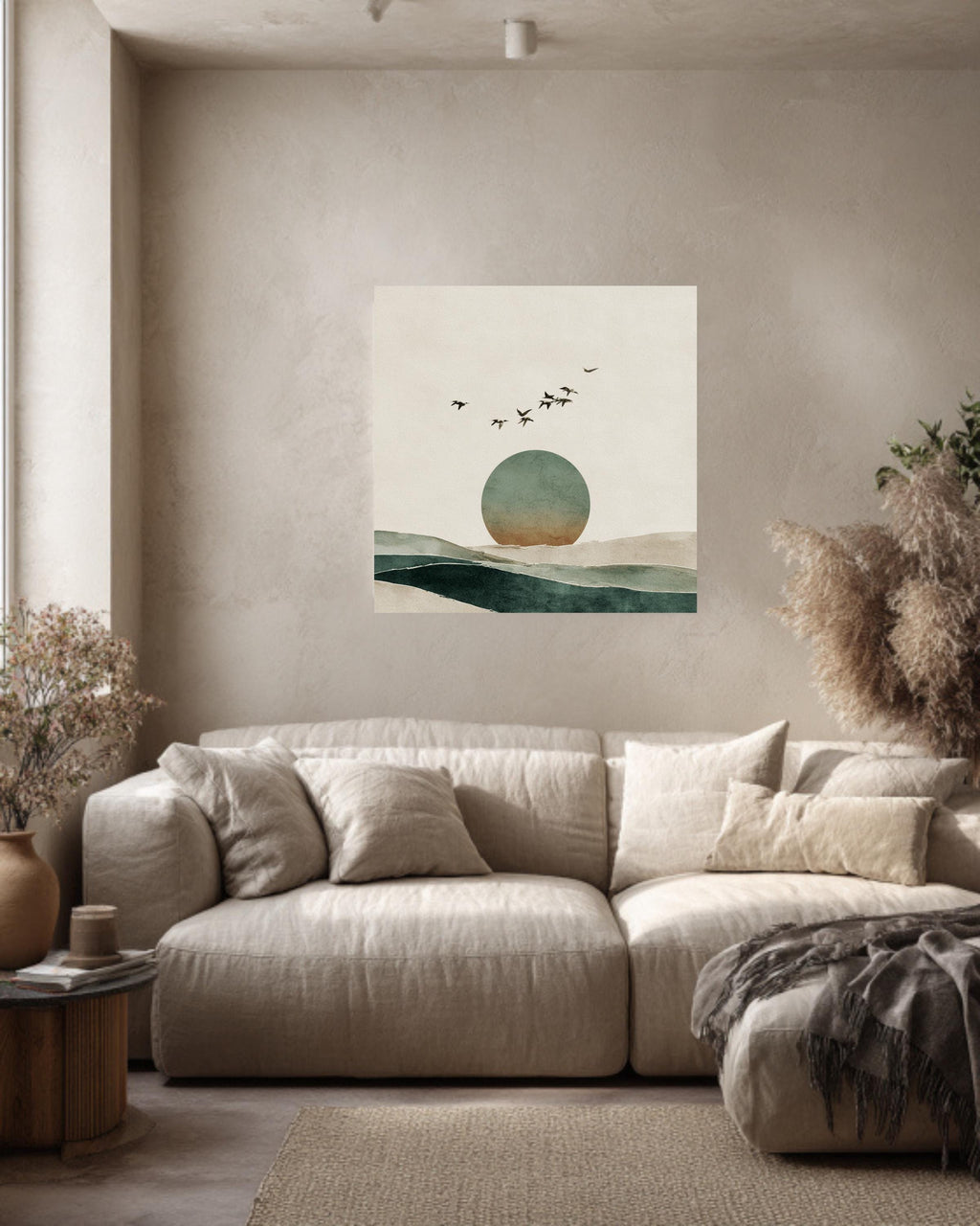 Japandi Horizon Art Print, Birds and Circle, Beige Green Watercolor