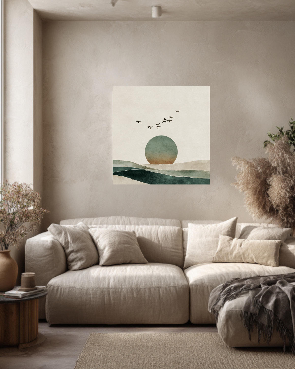 Japandi Horizon Art Print, Birds and Circle, Beige Green Watercolor