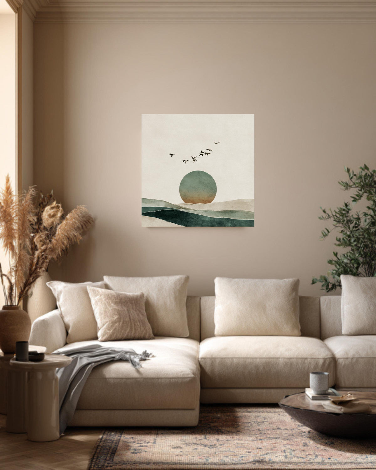Japandi Horizon Art Print, Birds and Circle, Beige Green Watercolor