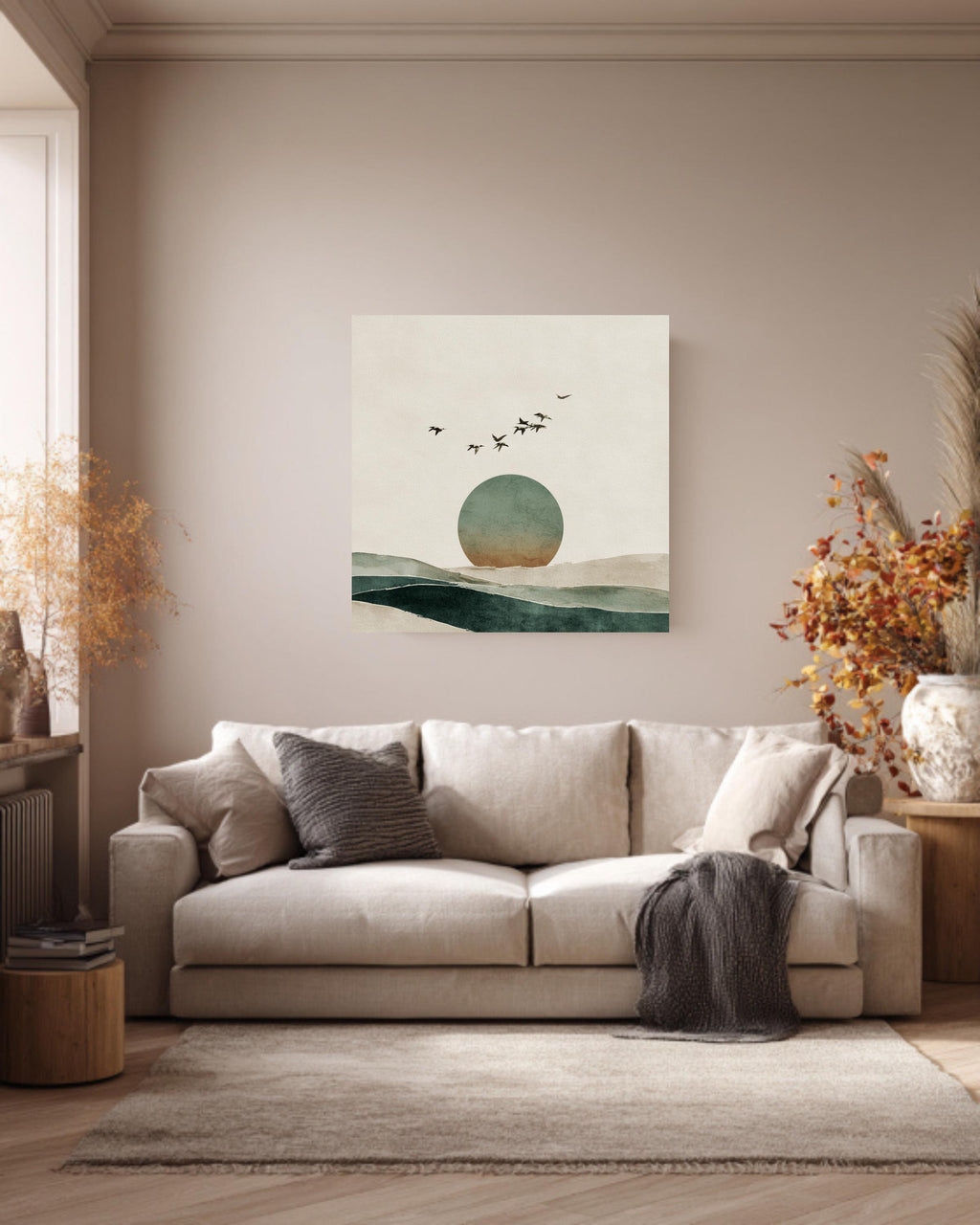 Japandi Horizon Art Print, Birds and Circle, Beige Green Watercolor