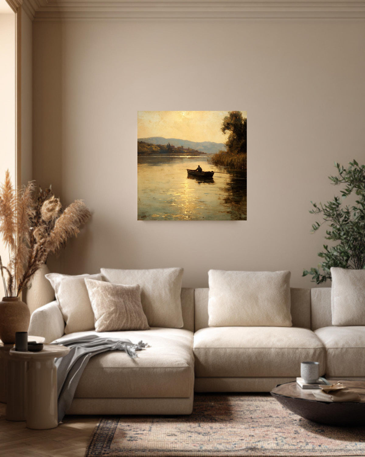 Vintage Riverside Oil Painting, Man Fishing, Tranquil Wall Art