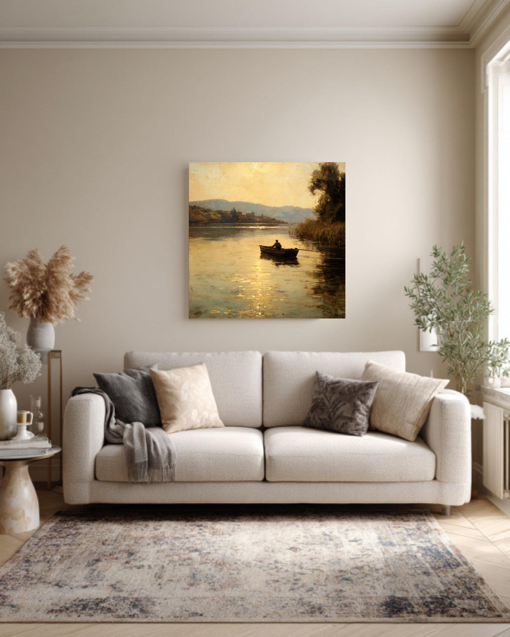 Vintage Riverside Oil Painting, Man Fishing, Tranquil Wall Art