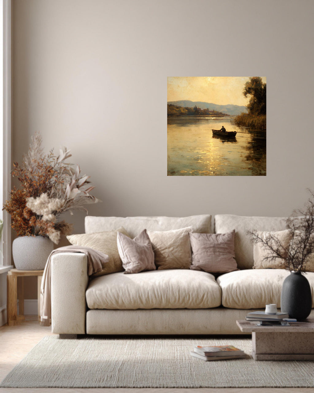 Vintage Riverside Oil Painting, Man Fishing, Tranquil Wall Art