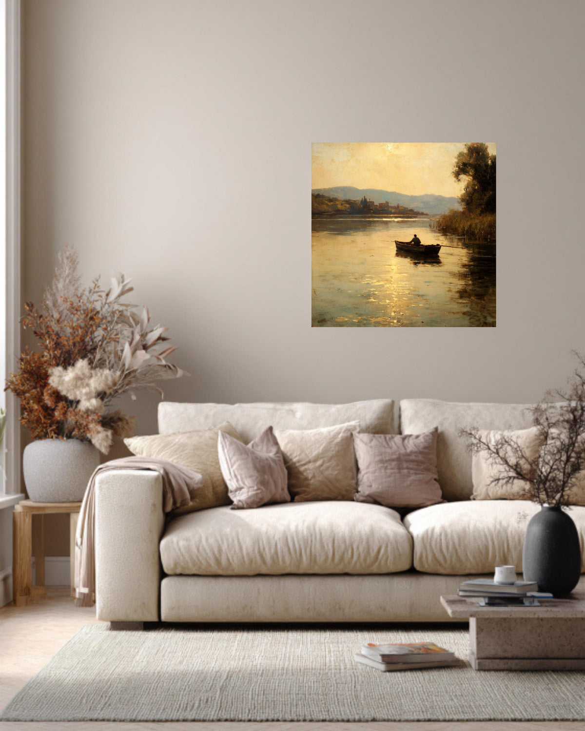 Vintage Riverside Oil Painting, Man Fishing, Tranquil Wall Art