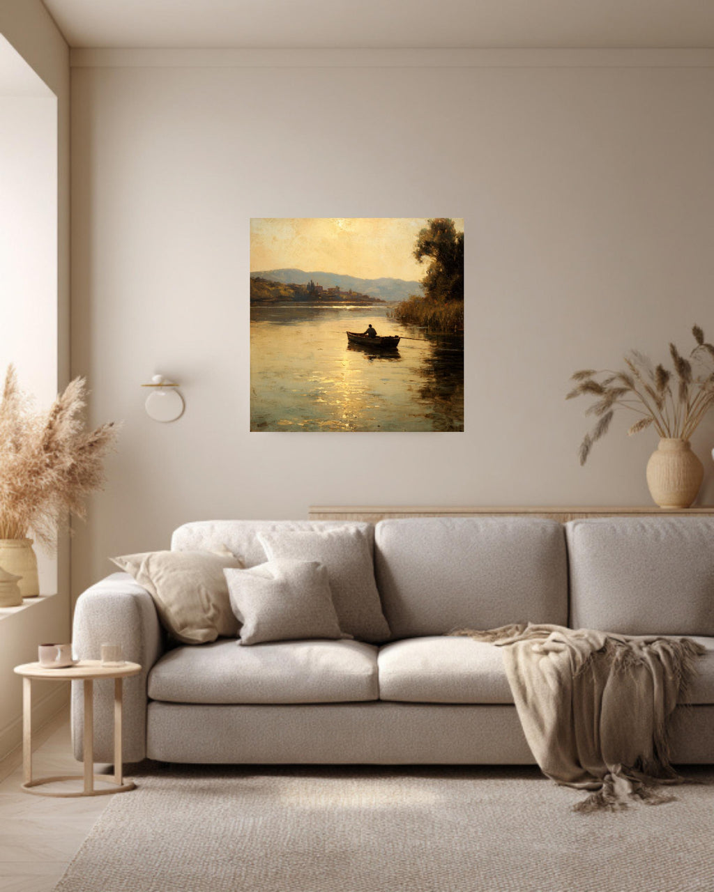 Vintage Riverside Oil Painting, Man Fishing, Tranquil Wall Art
