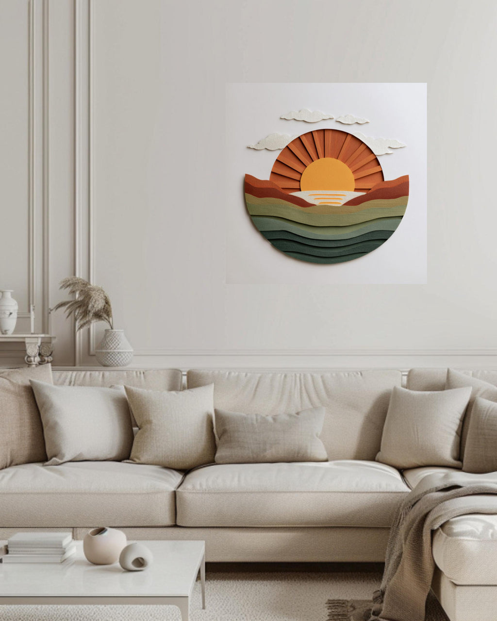 Minimalist Sun Rising Canvas, Earthy Green & Orange Wall Art, Modern Paper Art, Abstract Coastal Home Decor