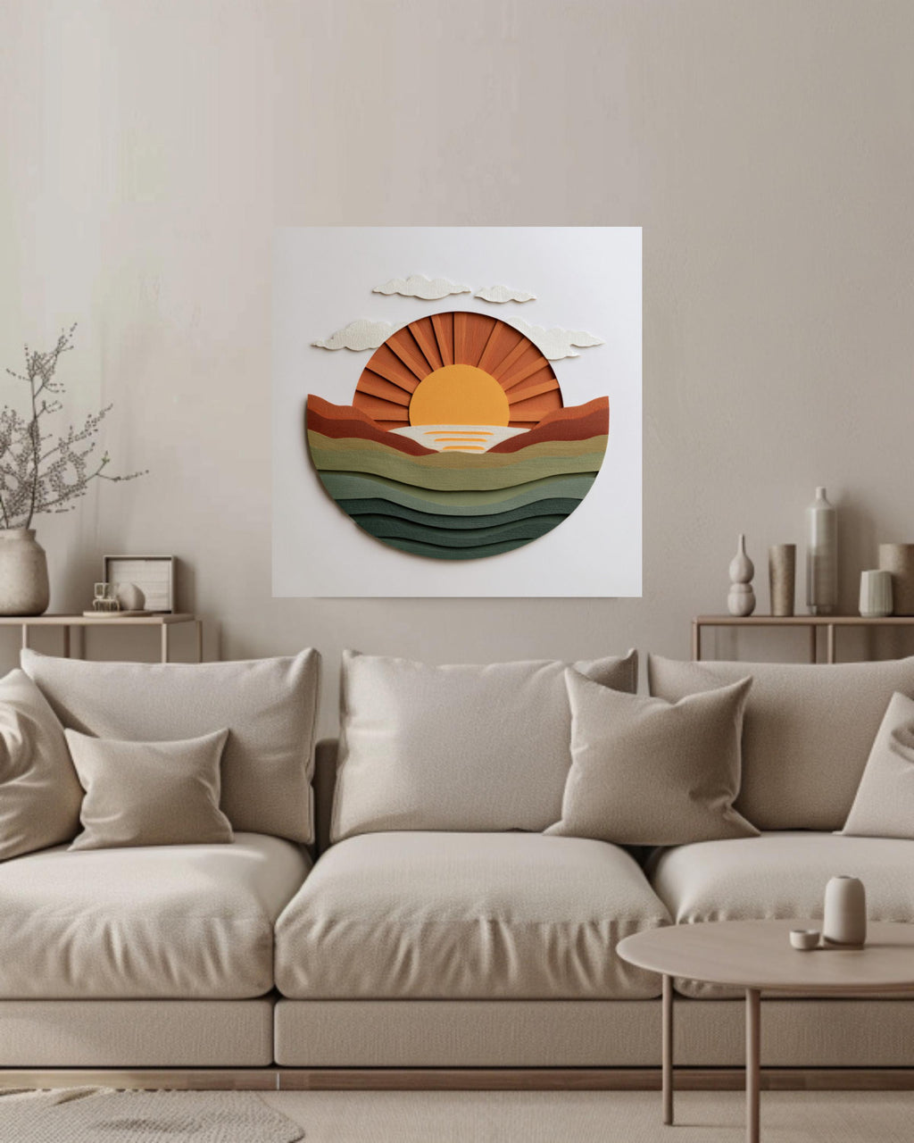 Minimalist Sun Rising Canvas, Earthy Green & Orange Wall Art, Modern Paper Art, Abstract Coastal Home Decor