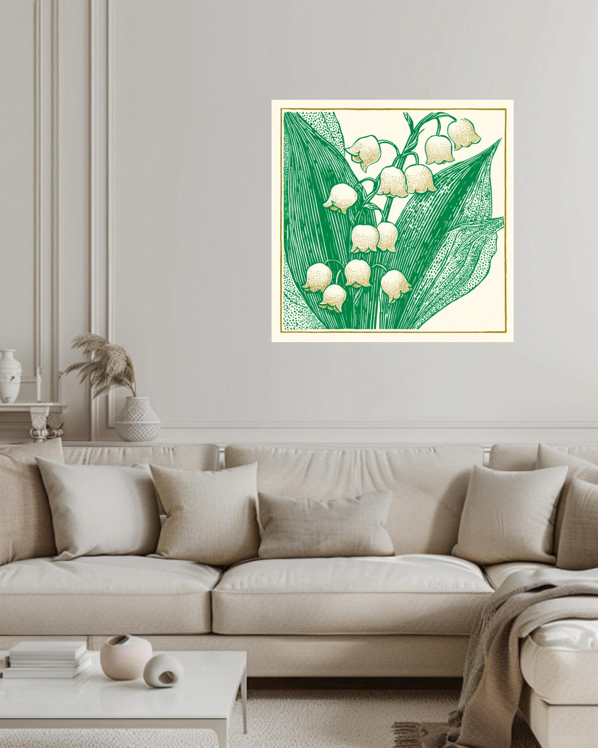 Lily of the Valley Woodcut Canvas, Minimalist Floral Wall Art, Don Blanding Style Botanical Print, Beige and Green Nature Decor