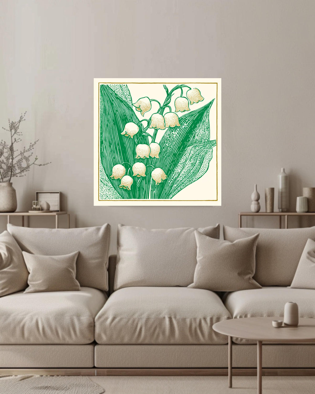 Lily of the Valley Woodcut Canvas, Minimalist Floral Wall Art, Don Blanding Style Botanical Print, Beige and Green Nature Decor