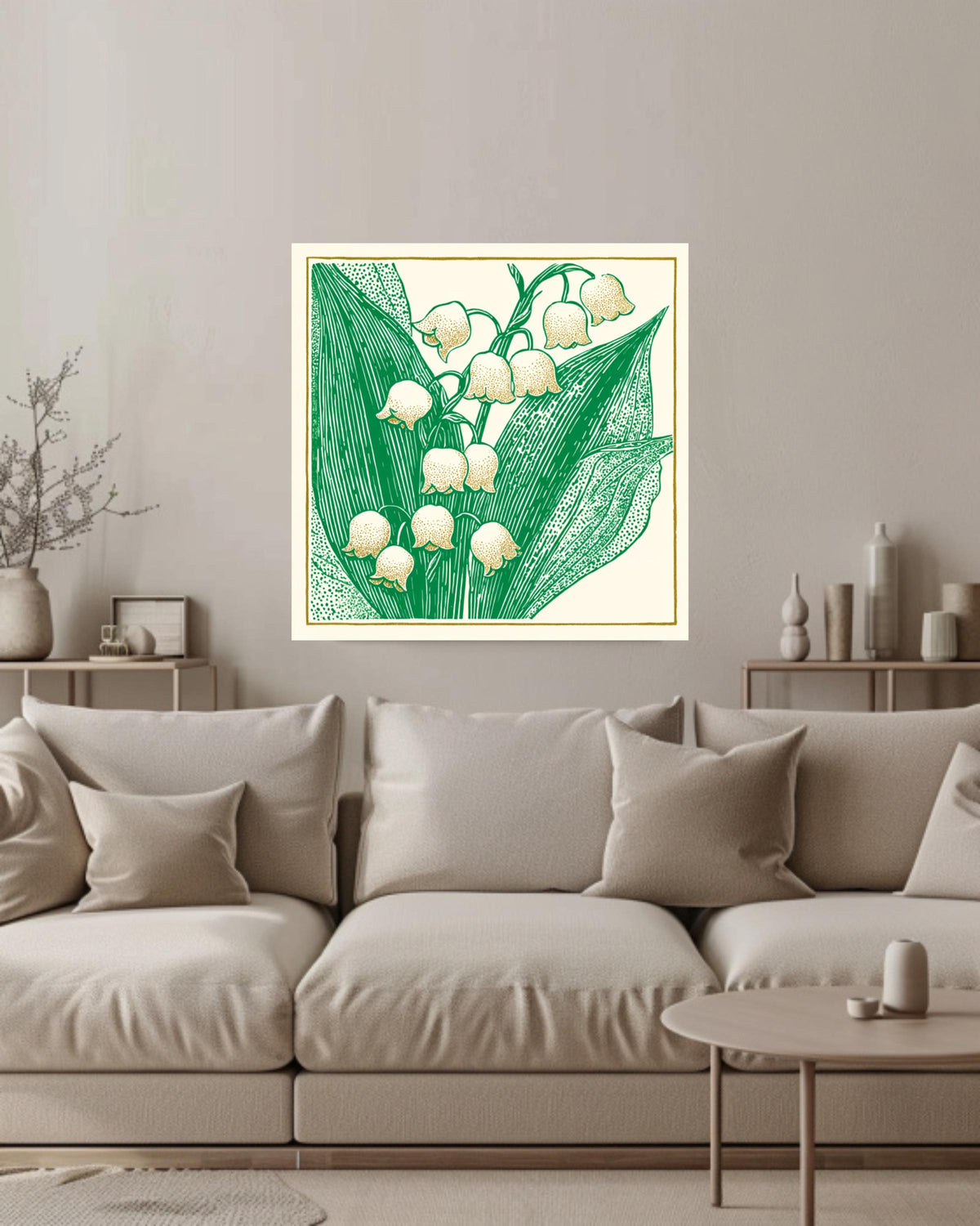Lily of the Valley Woodcut Canvas, Minimalist Floral Wall Art, Don Blanding Style Botanical Print, Beige and Green Nature Decor