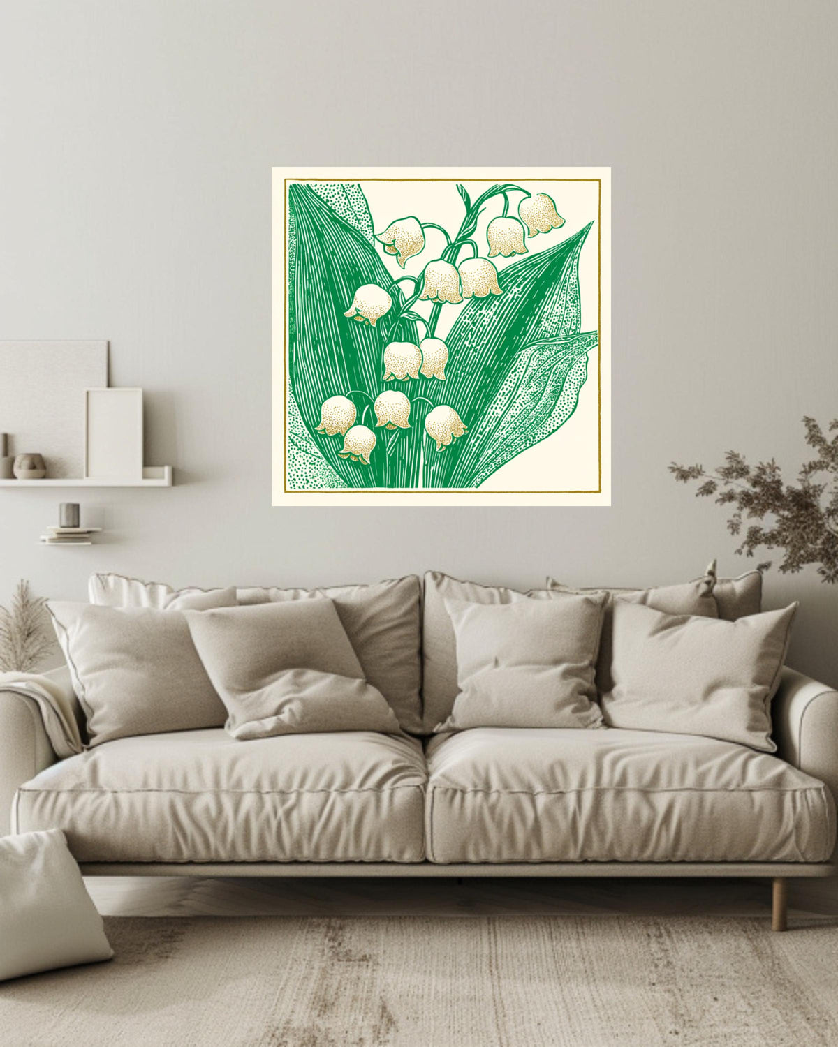 Lily of the Valley Woodcut Canvas, Minimalist Floral Wall Art, Don Blanding Style Botanical Print, Beige and Green Nature Decor