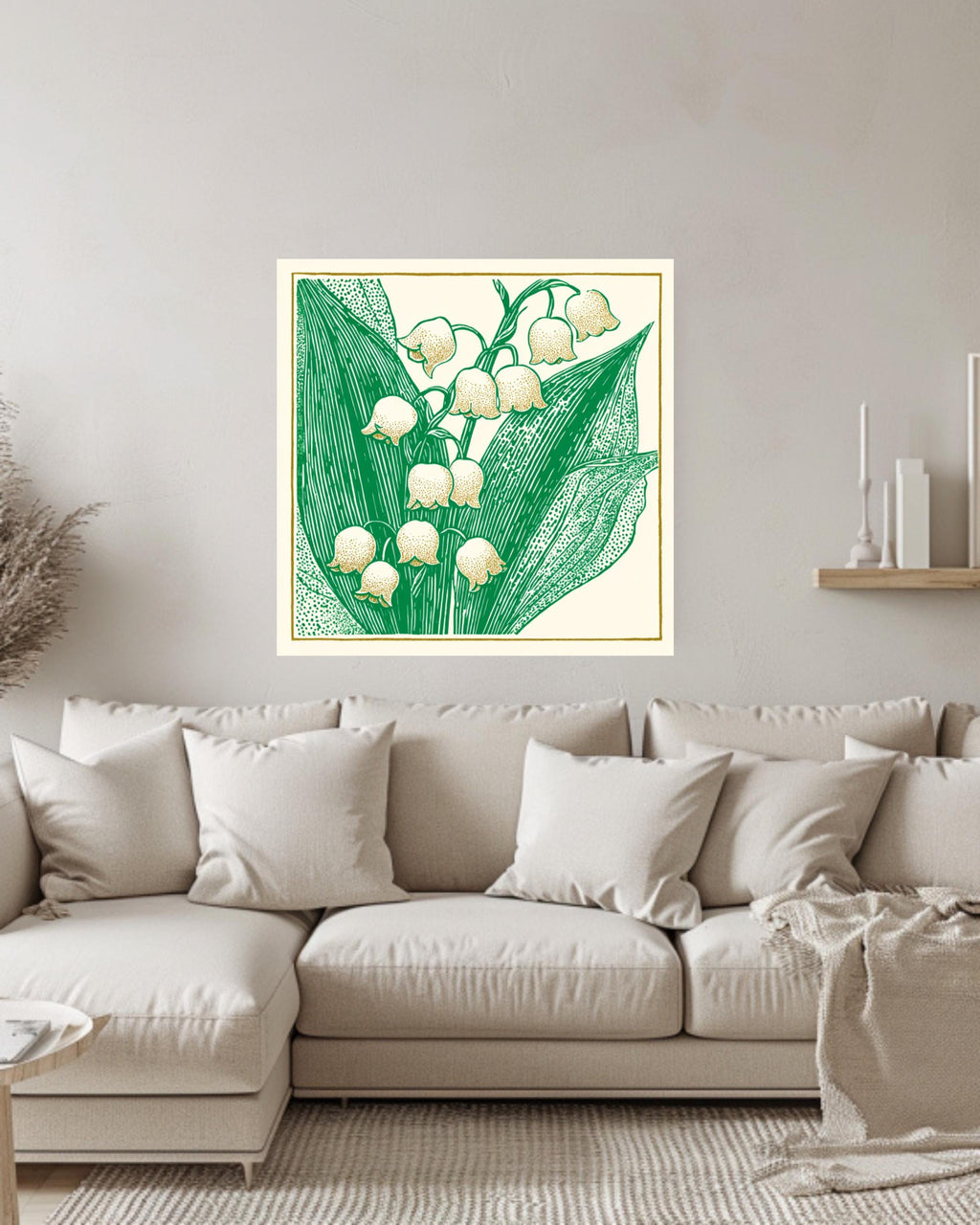Lily of the Valley Woodcut Canvas, Minimalist Floral Wall Art, Don Blanding Style Botanical Print, Beige and Green Nature Decor